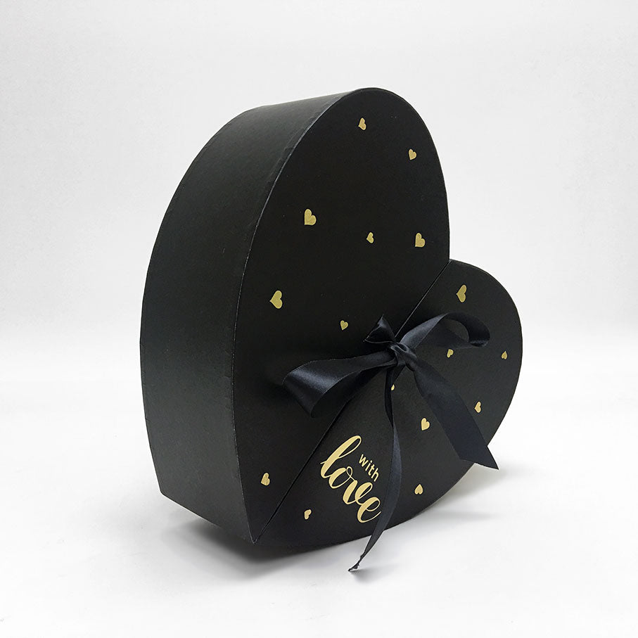 Black Heart Shape Flower Box with Ribbon Opens From Middle Nested Heart | Excellent Flowers Direct