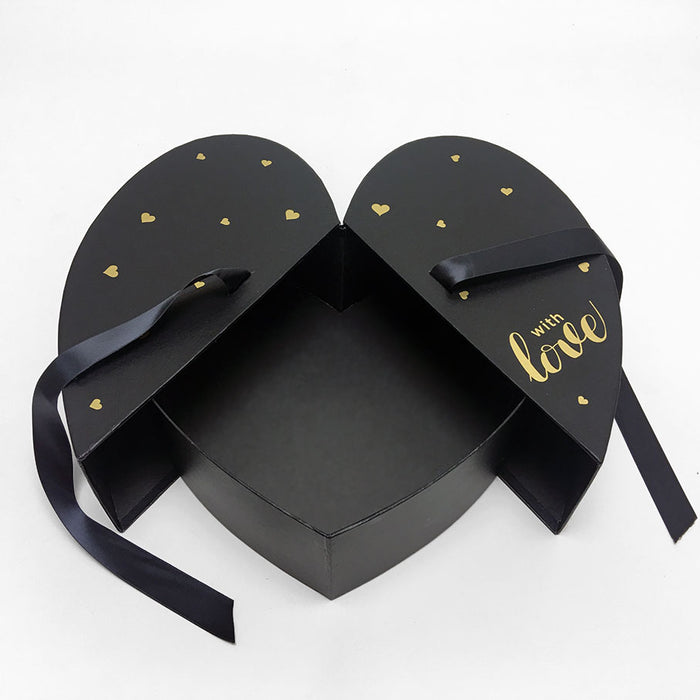Black Heart Shape Flower Box with Ribbon Opens From Middle Nested Heart | Excellent Flowers Direct